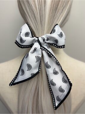 White Black Paisley Skinny Scarf Hair Tie Bandana Twilly Head Scarf